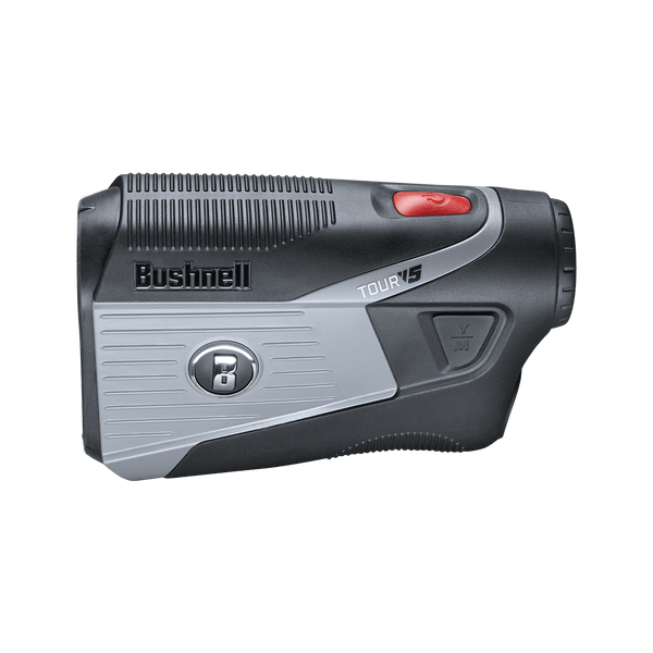 Tour V5 laser rangefinder by Bushnell Golf side shot on white background. 