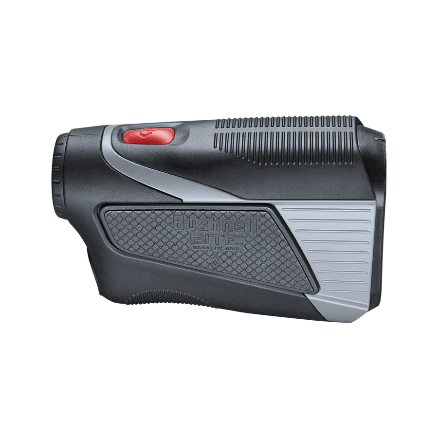 Tour V5 laser rangefinder by Bushnell Golf product photo from side on white background. 