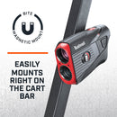 Bushnell Golf Tour V5 Shift laser rangefinder demonstration photo of BITE magnetic mount.