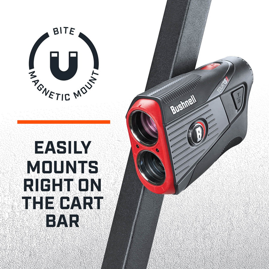 Bushnell Golf Tour V5 Shift laser rangefinder demonstration photo of BITE magnetic mount.