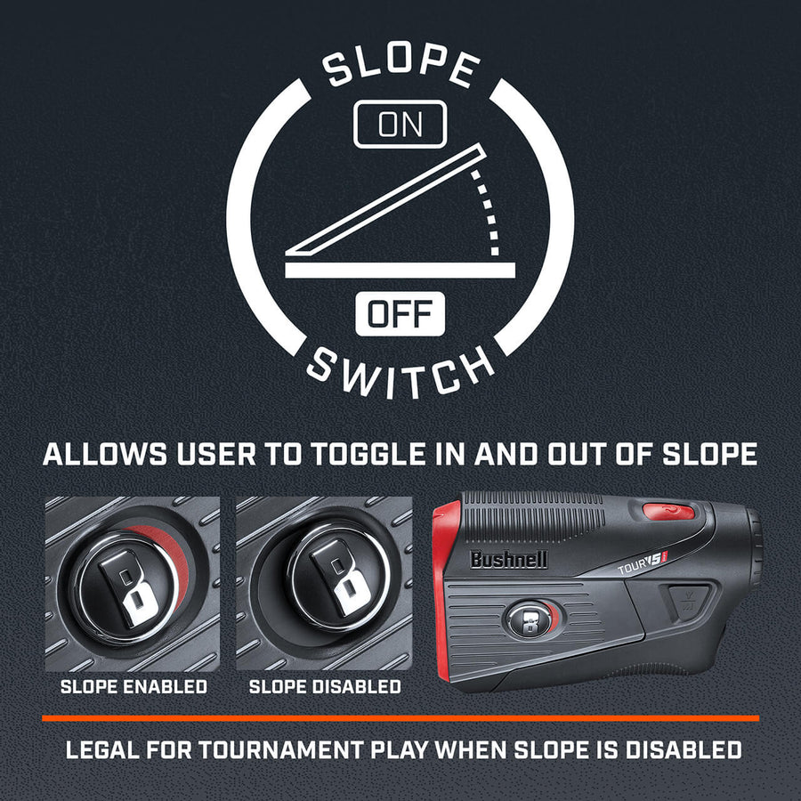 Bushnell Golf Tour V5 Shift laser rangefinder graphic and demonstration of slope switch.