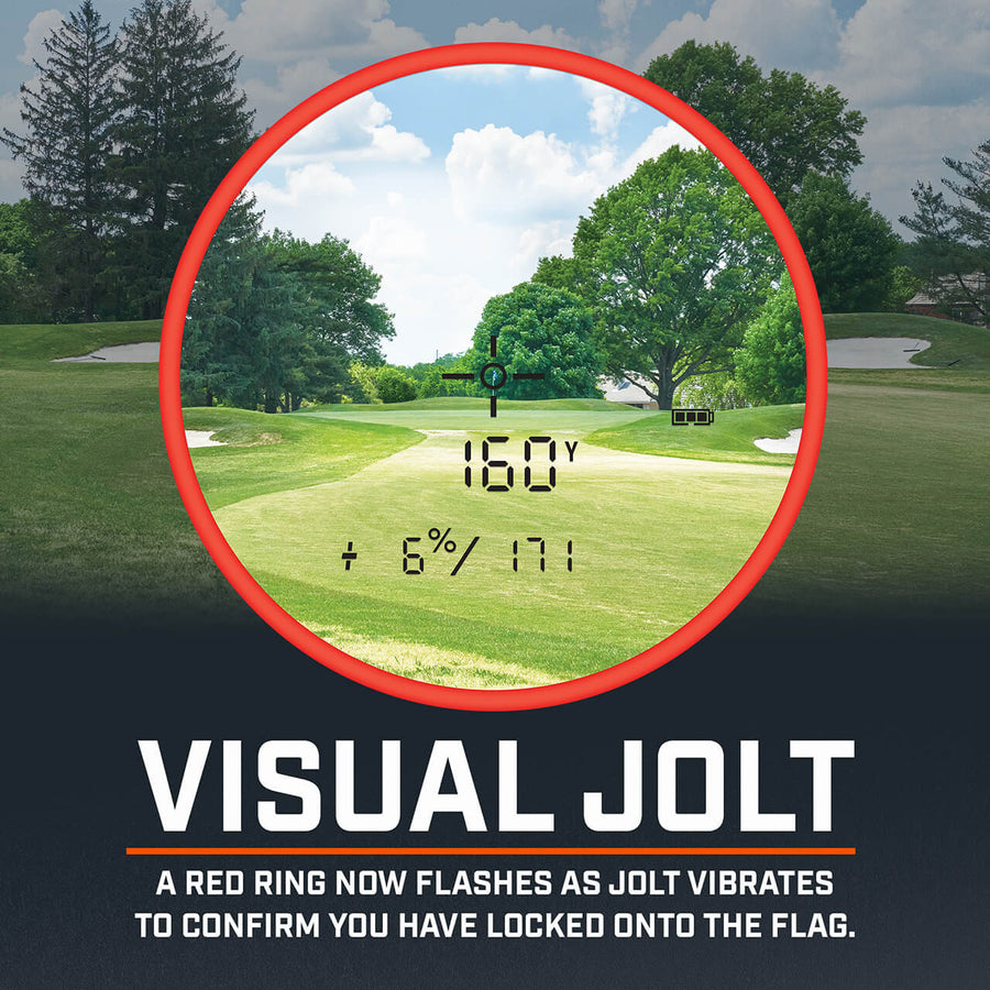 Bushnell Golf Tour V5 Shift laser rangefinder demonstration photo of pinseeker with visual jolt.