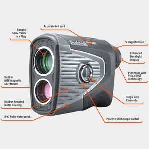 Bushnell Golf Pro XE laser rangefinder product photo angled with feature callouts.