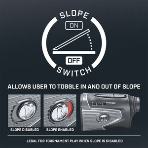 Bushnell Golf Pro XE laser rangefinder graphic and demonstration of slope switch.