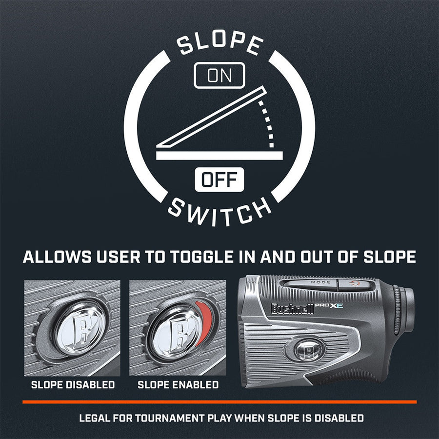 Bushnell Golf Pro XE laser rangefinder graphic and demonstration of slope switch.