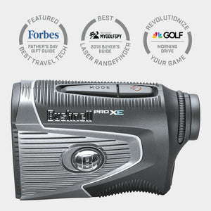 Bushnell Golf Pro XE laser rangefinder product photo from left side. 