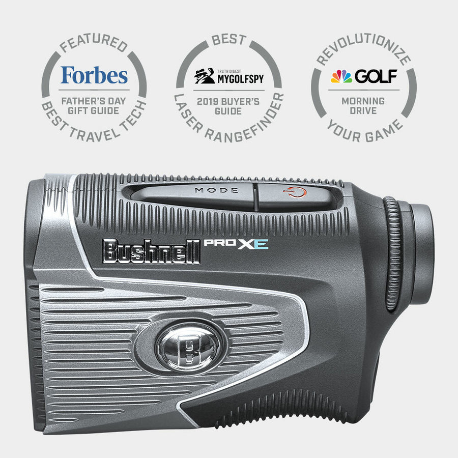 Bushnell Golf Pro XE laser rangefinder product photo from left side. 