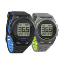 Bushnell Golf iON 2 GPS watches in black/blue and silver/green on white background. 