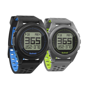 Bushnell Golf iON 2 GPS watches in black/blue and silver/green on white background. 