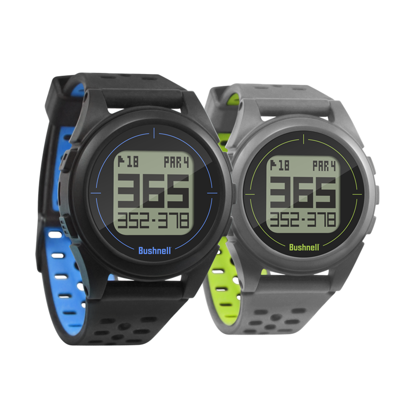 Bushnell Golf iON 2 GPS watches in black/blue and silver/green on white background. 