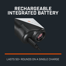 A1-Slope Laser Rangefinder rechargeable integrated battery plugged into USB-C charging cable, lasts 50+ rounds on a single charge.