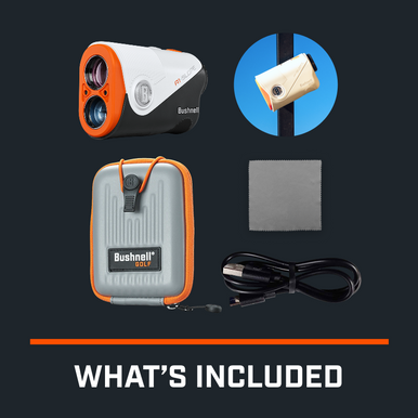 Graphic showing what's included with A1-Slope Laser Rangefinder, BITE Magnetic Skin, Carry Case, Microfiber Cloth, USB-C Charging Cable, and Quick Start Guide.